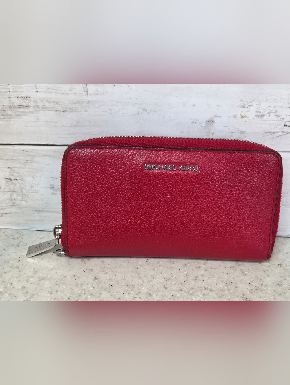 Michael Kors Red Pebbled Leather Zip Around Continental Wallet Silver Hardware